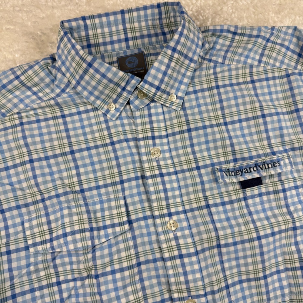 Vineyard Vines Harbor Shirt Mens Medium Blue Plaid Performance Fishing Vented